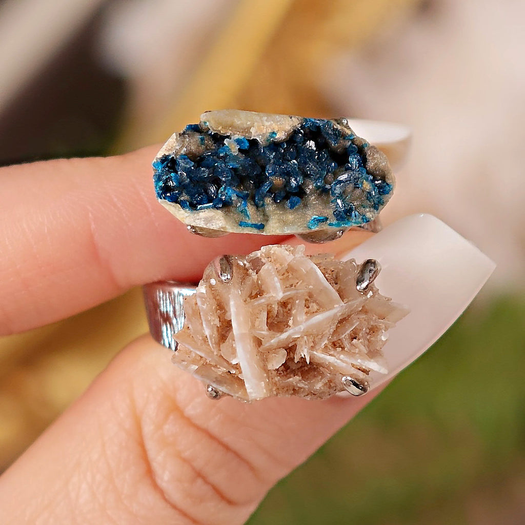 Raw Veszelyite&Desert Rose Stone Adjustable Ring – Natural Mineral Stone Ring, Handmade One of a Kind Jewelry-046