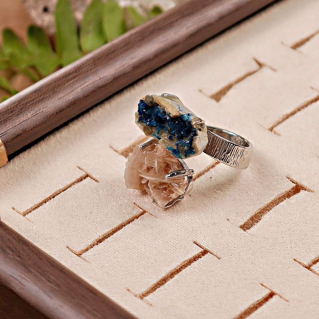 Raw Veszelyite&Desert Rose Stone Adjustable Ring – Natural Mineral Stone Ring, Handmade One of a Kind Jewelry-046