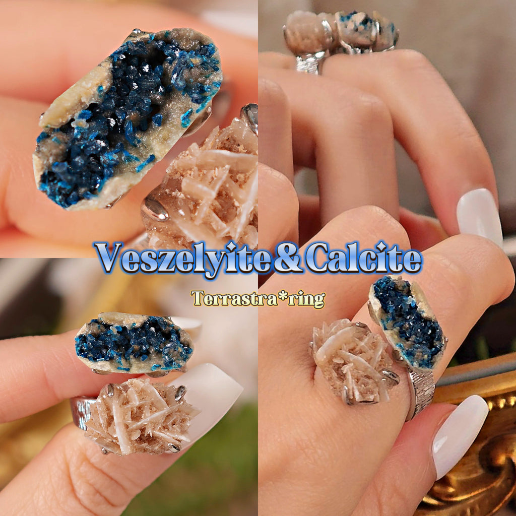 Raw Veszelyite&Desert Rose Stone Adjustable Ring – Natural Mineral Stone Ring, Handmade One of a Kind Jewelry-046