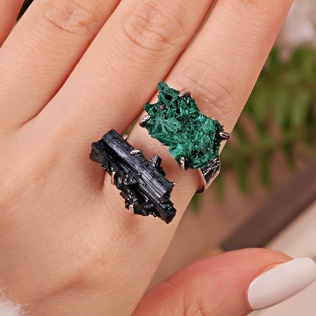 Raw Schorl&Malachite Adjustable Ring – Natural Mineral Stone Ring, Handmade One of a Kind Jewelry-047