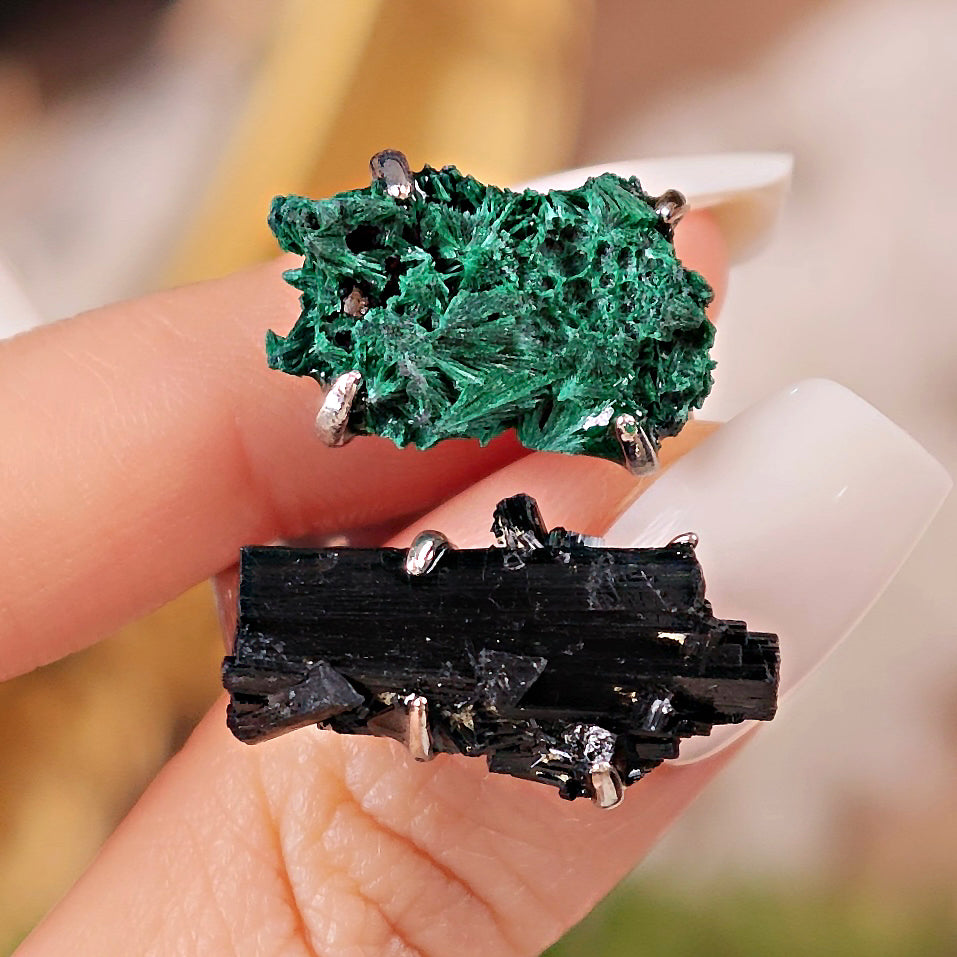 Raw Schorl&Malachite Adjustable Ring – Natural Mineral Stone Ring, Handmade One of a Kind Jewelry-047