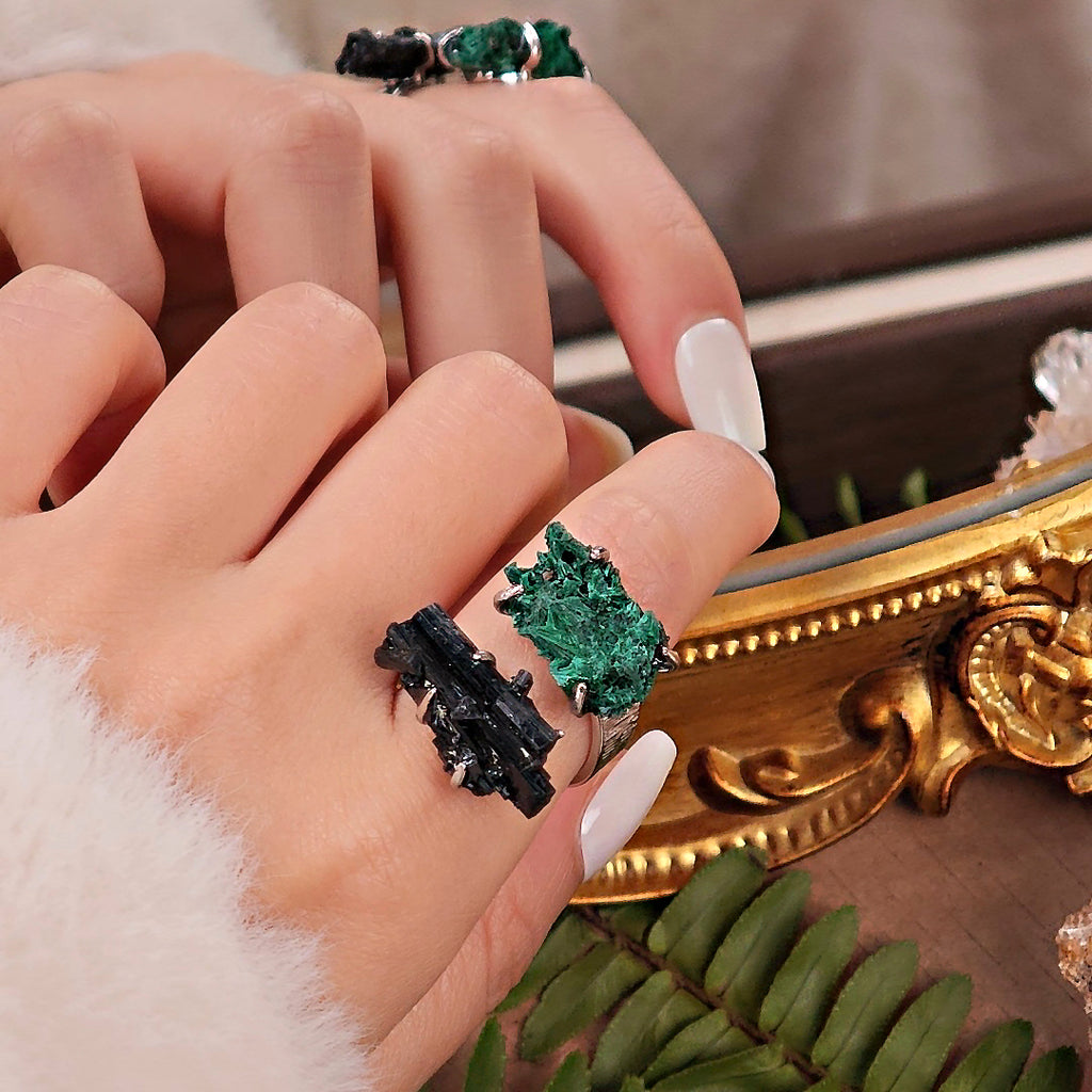 Raw Schorl&Malachite Adjustable Ring – Natural Mineral Stone Ring, Handmade One of a Kind Jewelry-047