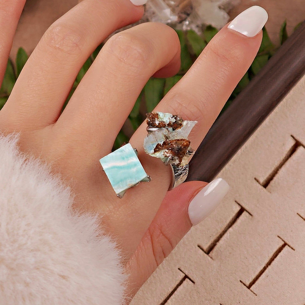 Raw Gypsum&Larimar Adjustable Ring – Natural Mineral Stone Ring, Handmade One of a Kind Jewelry-048