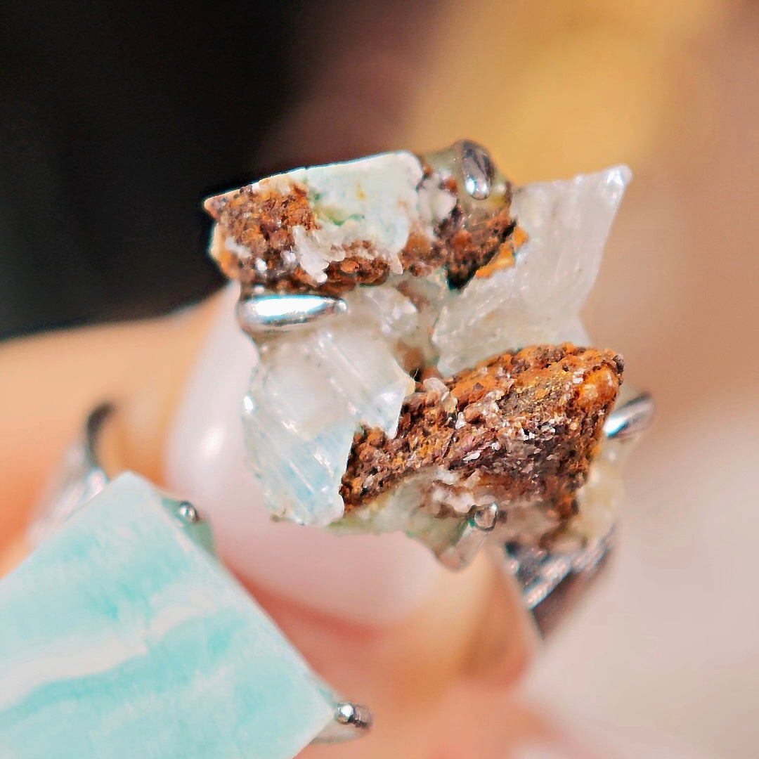 Raw Gypsum&Larimar Adjustable Ring – Natural Mineral Stone Ring, Handmade One of a Kind Jewelry-048