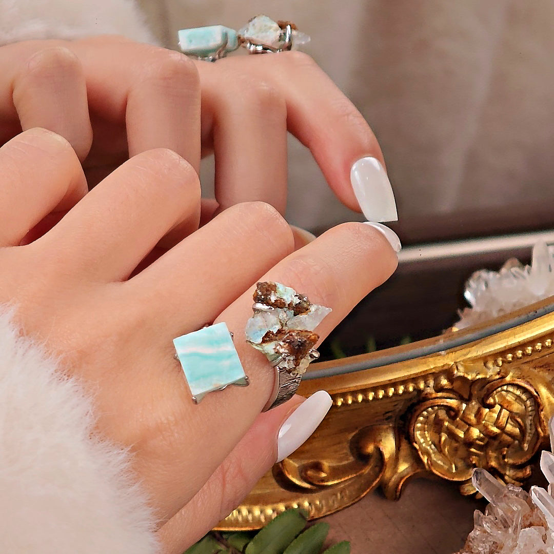 Raw Gypsum&Larimar Adjustable Ring – Natural Mineral Stone Ring, Handmade One of a Kind Jewelry-048