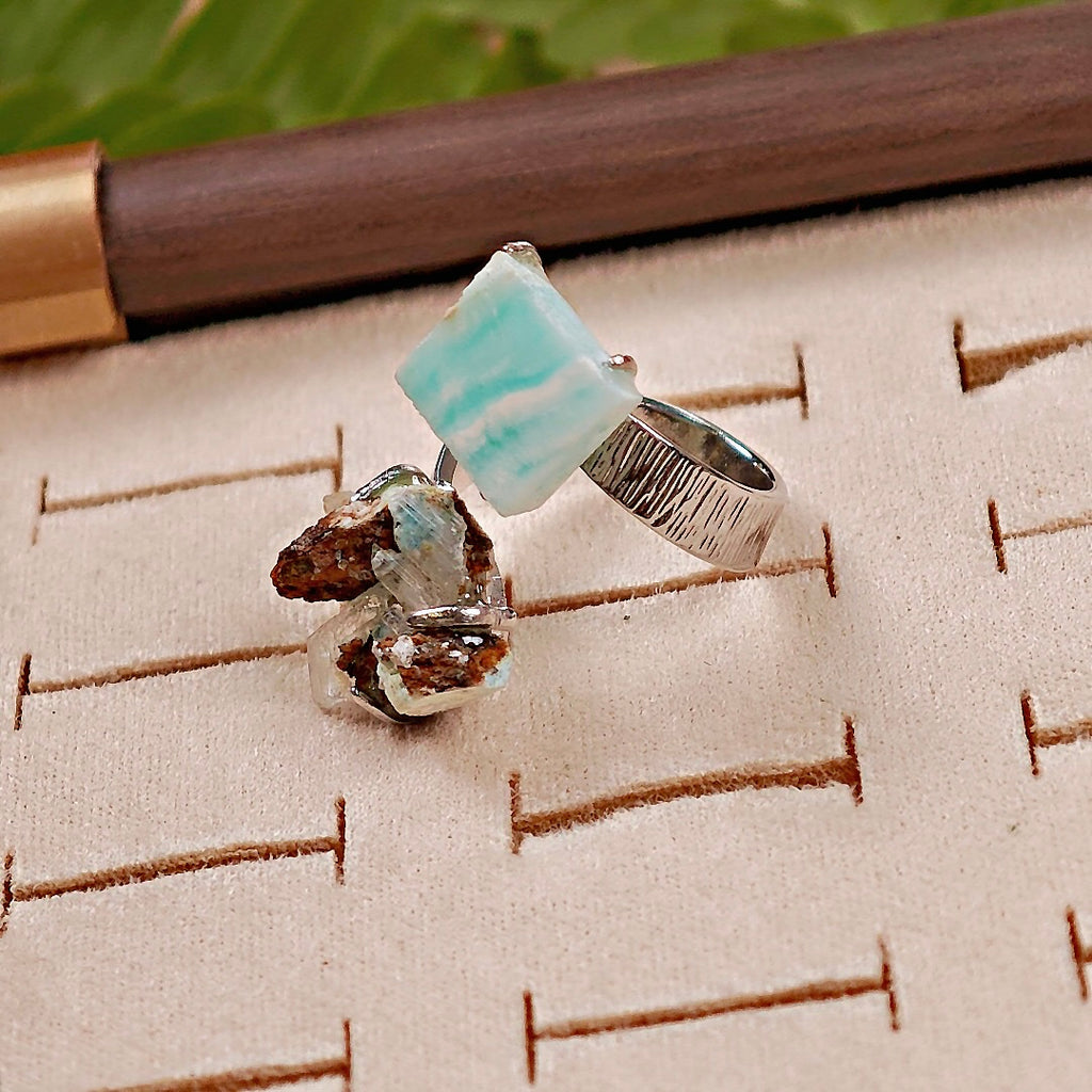 Raw Gypsum&Larimar Adjustable Ring – Natural Mineral Stone Ring, Handmade One of a Kind Jewelry-048