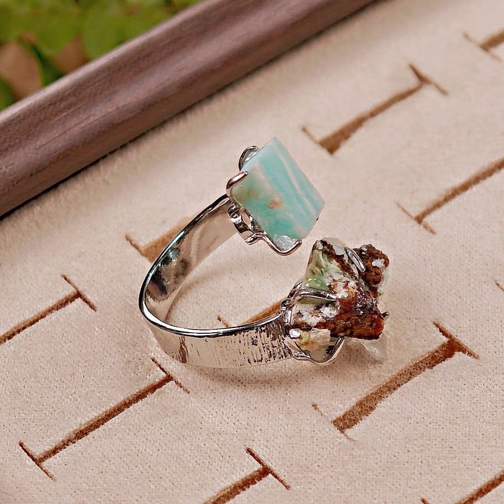 Raw Gypsum&Larimar Adjustable Ring – Natural Mineral Stone Ring, Handmade One of a Kind Jewelry-048