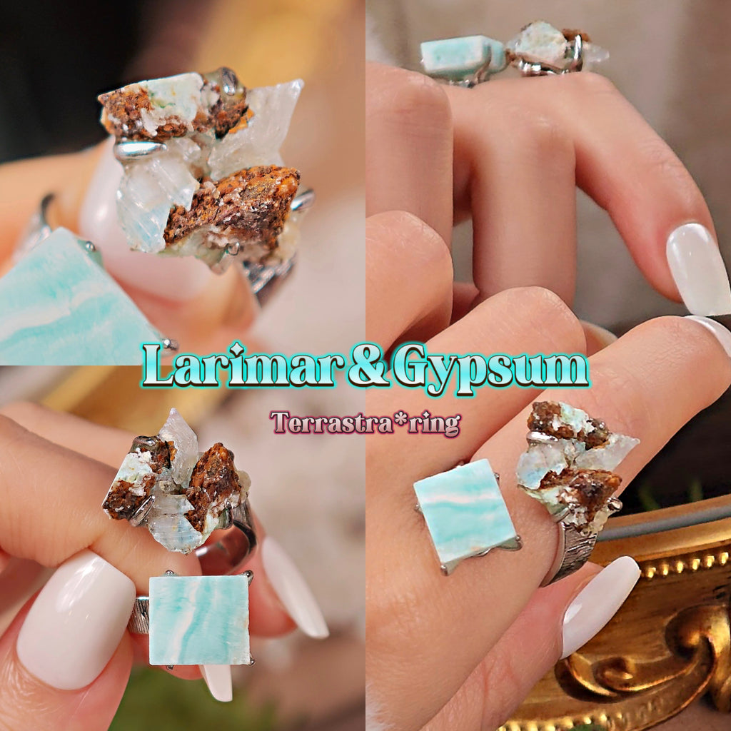 Raw Gypsum&Larimar Adjustable Ring – Natural Mineral Stone Ring, Handmade One of a Kind Jewelry-048