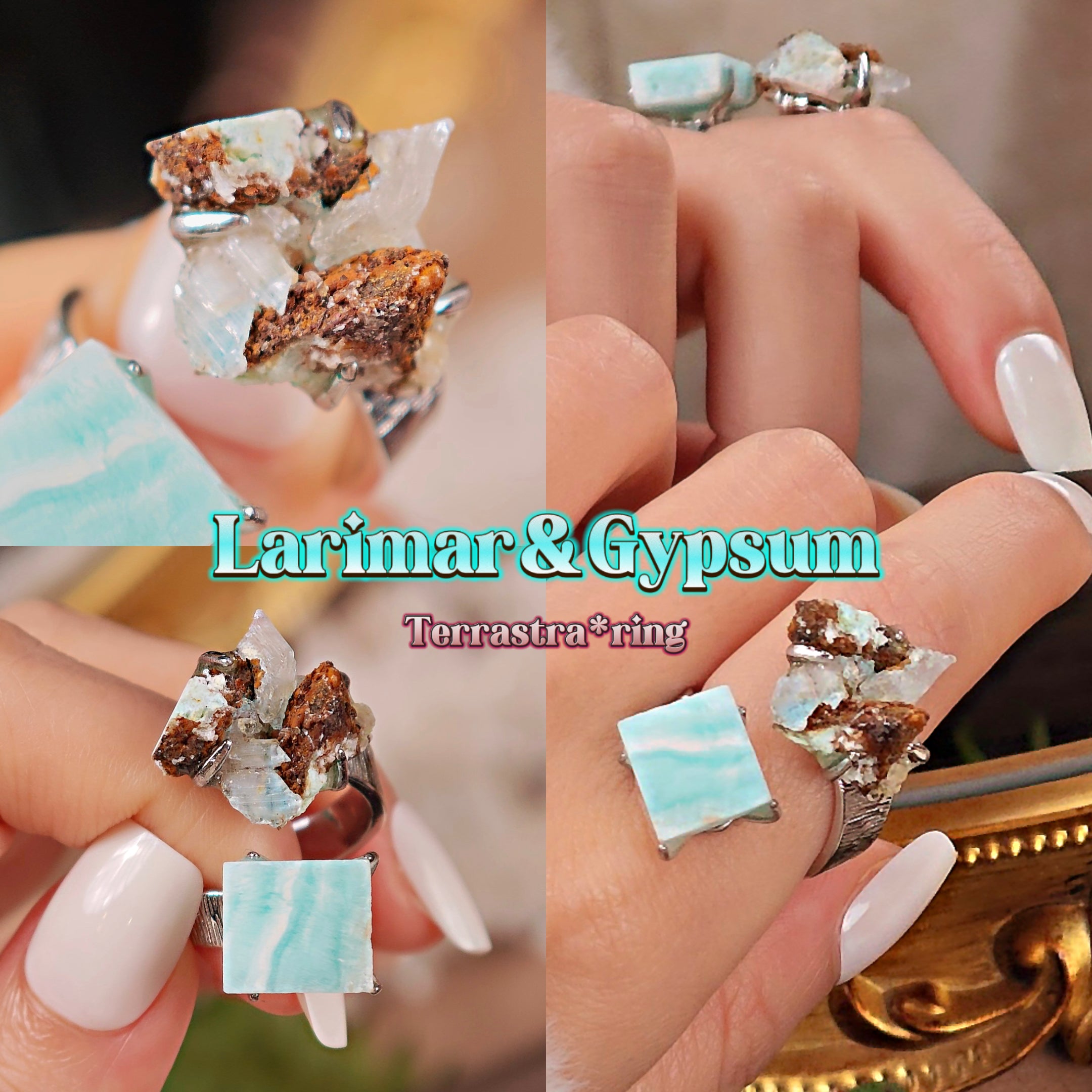 Raw Gypsum&Larimar Adjustable Ring – Natural Mineral Stone Ring, Handmade One of a Kind Jewelry-048