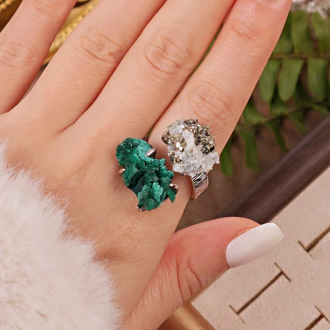 Raw Malachite&Chalcopyrite Adjustable Ring – Natural Mineral Stone Ring, Handmade One of a Kind Jewelry-050