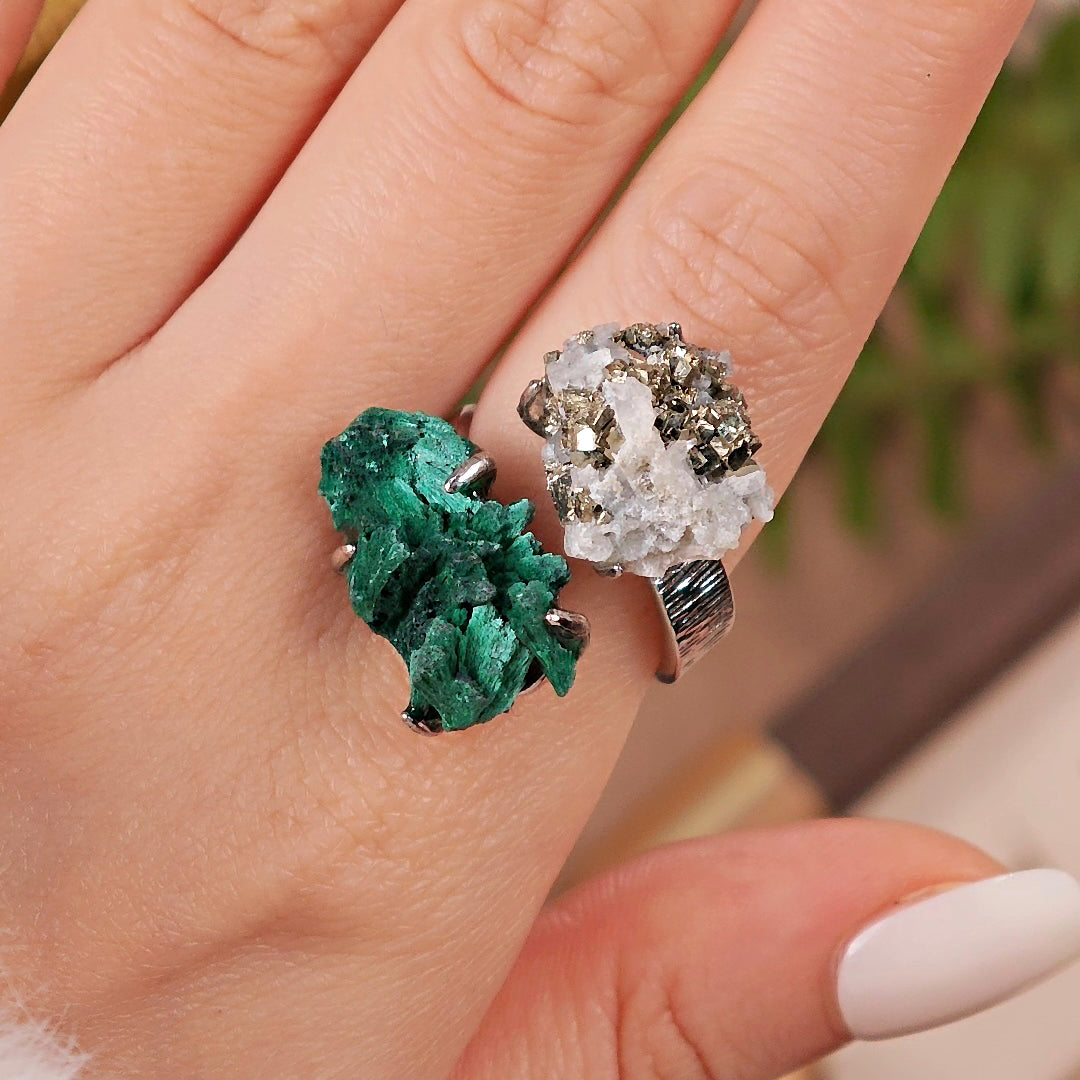 Raw Malachite&Chalcopyrite Adjustable Ring – Natural Mineral Stone Ring, Handmade One of a Kind Jewelry-050