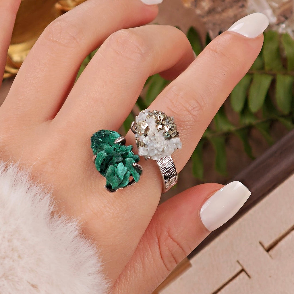 Raw Malachite&Chalcopyrite Adjustable Ring – Natural Mineral Stone Ring, Handmade One of a Kind Jewelry-050
