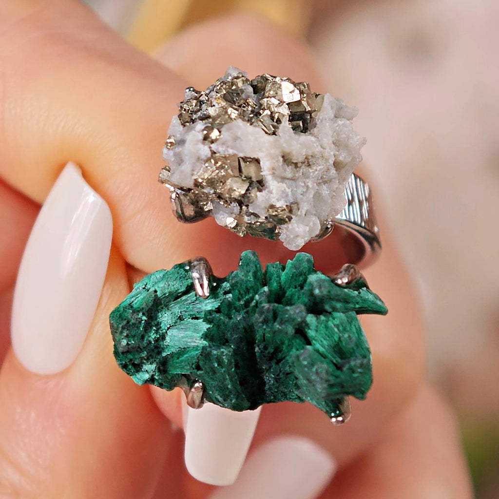 Raw Malachite&Chalcopyrite Adjustable Ring – Natural Mineral Stone Ring, Handmade One of a Kind Jewelry-050