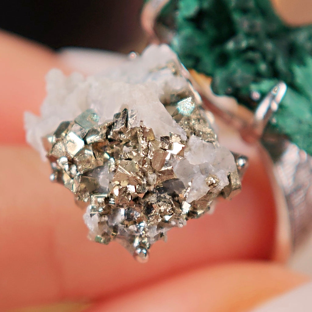 Raw Malachite&Chalcopyrite Adjustable Ring – Natural Mineral Stone Ring, Handmade One of a Kind Jewelry-050