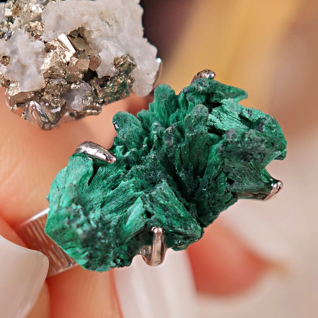 Raw Malachite&Chalcopyrite Adjustable Ring – Natural Mineral Stone Ring, Handmade One of a Kind Jewelry-050