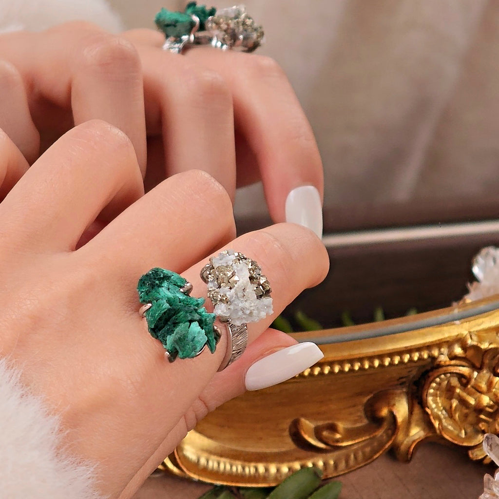 Raw Malachite&Chalcopyrite Adjustable Ring – Natural Mineral Stone Ring, Handmade One of a Kind Jewelry-050
