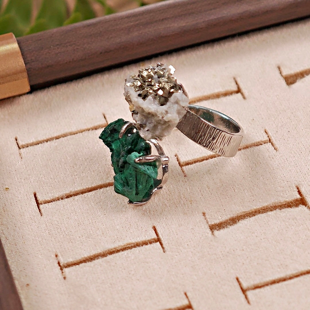 Raw Malachite&Chalcopyrite Adjustable Ring – Natural Mineral Stone Ring, Handmade One of a Kind Jewelry-050