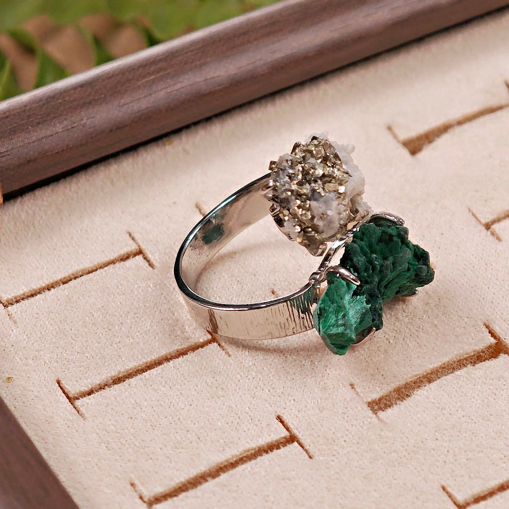 Raw Malachite&Chalcopyrite Adjustable Ring – Natural Mineral Stone Ring, Handmade One of a Kind Jewelry-050