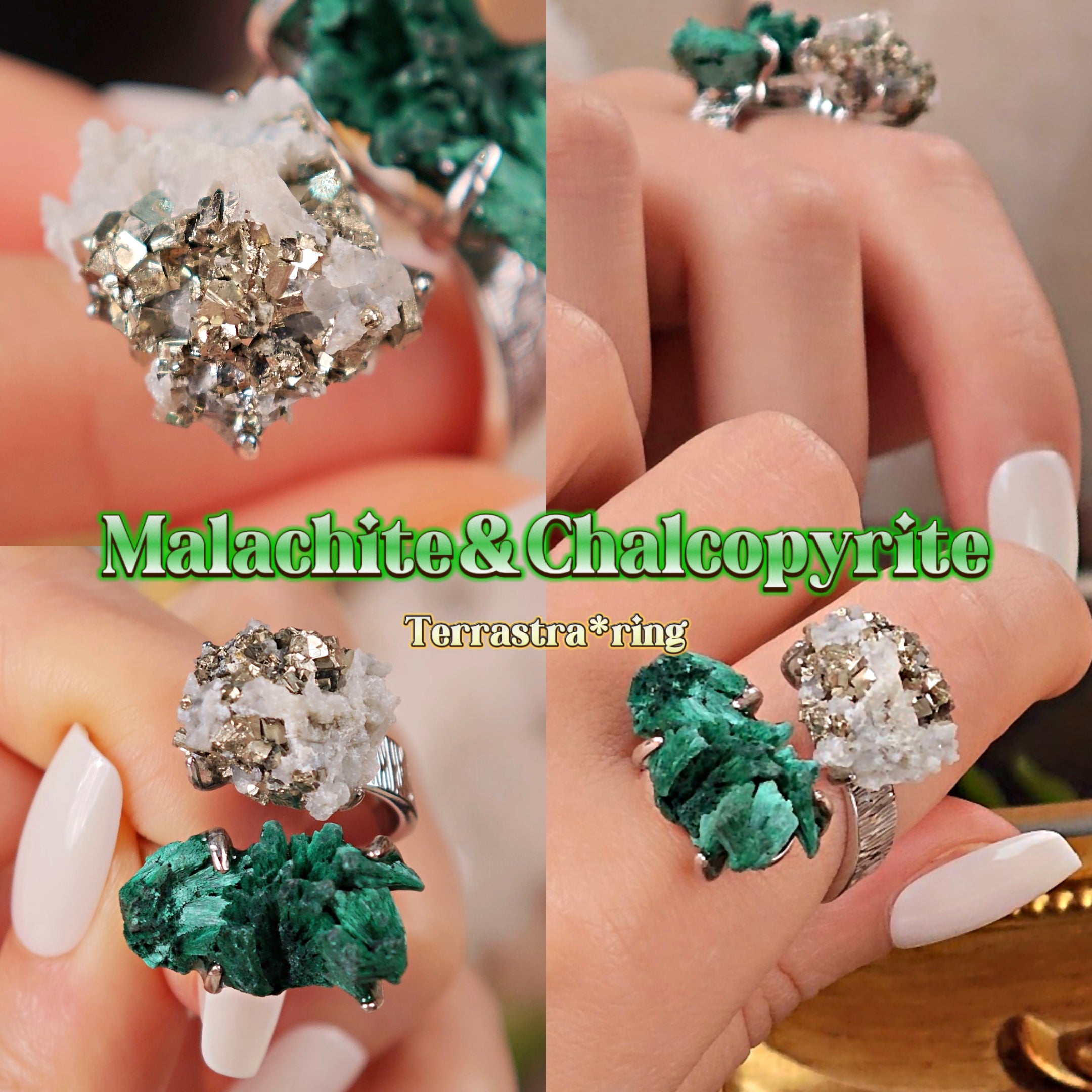 Raw Malachite&Chalcopyrite Adjustable Ring – Natural Mineral Stone Ring, Handmade One of a Kind Jewelry-050