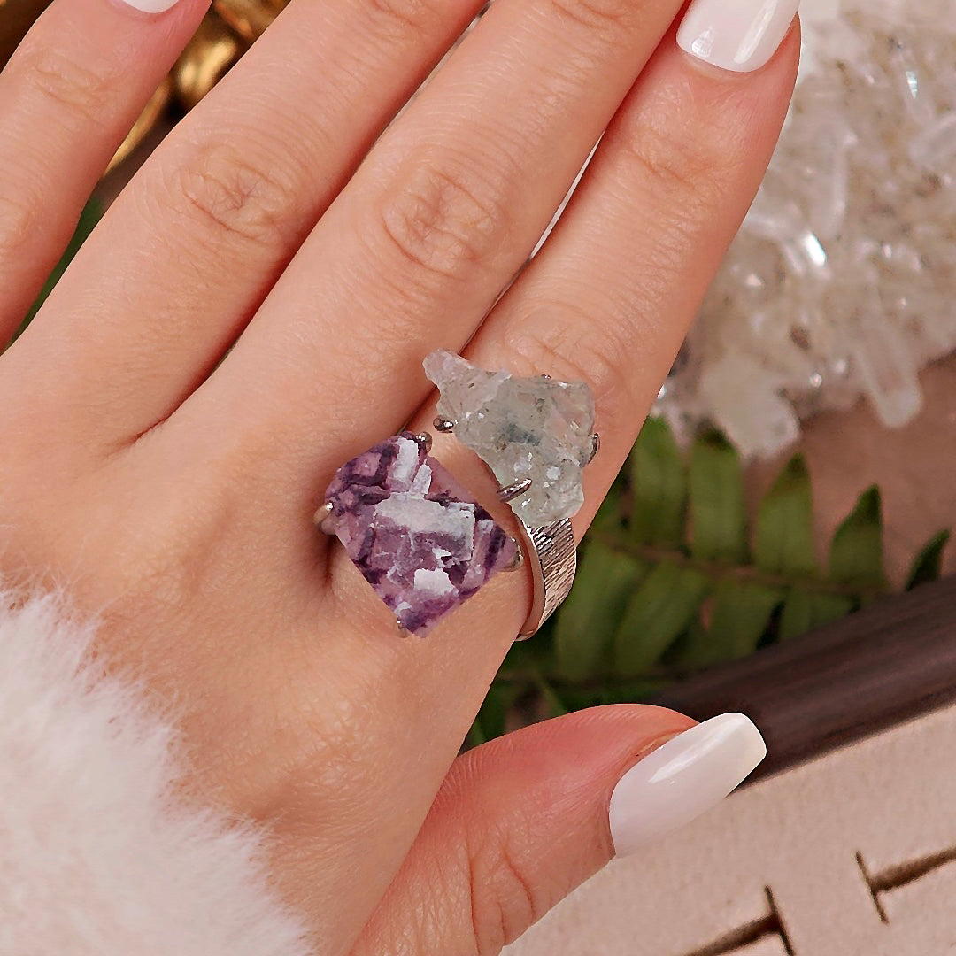 Raw Phantom Fluorite&Green Fluorite Adjustable Ring – Natural Mineral Stone Ring, Handmade One of a Kind Jewelry-051