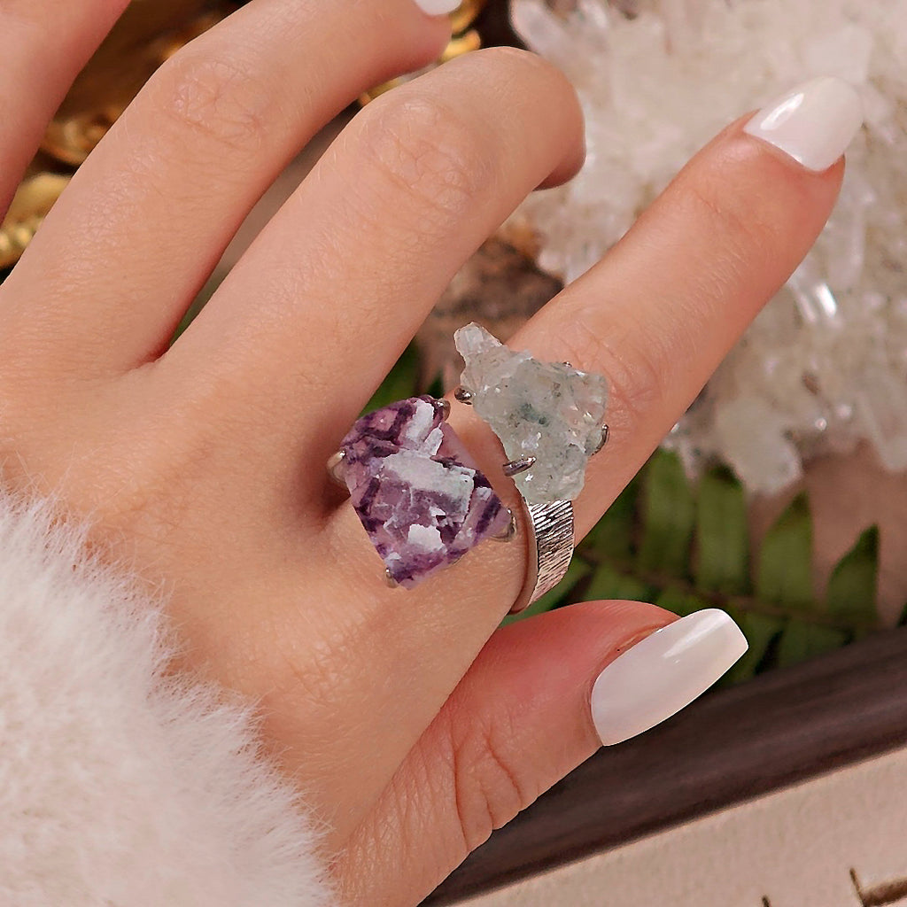 Raw Phantom Fluorite&Green Fluorite Adjustable Ring – Natural Mineral Stone Ring, Handmade One of a Kind Jewelry-051