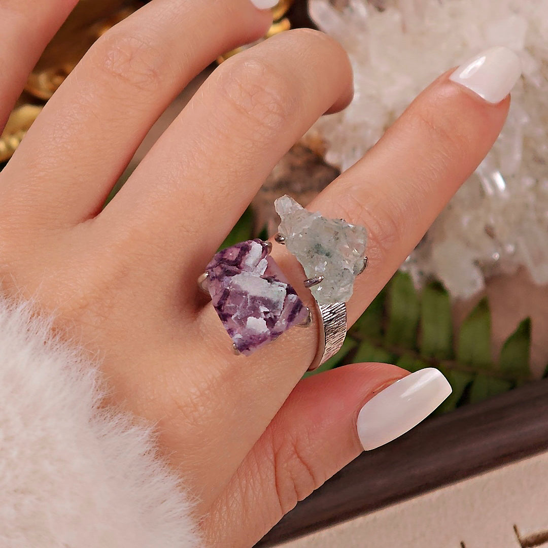 Raw Phantom Fluorite&Green Fluorite Adjustable Ring – Natural Mineral Stone Ring, Handmade One of a Kind Jewelry-051