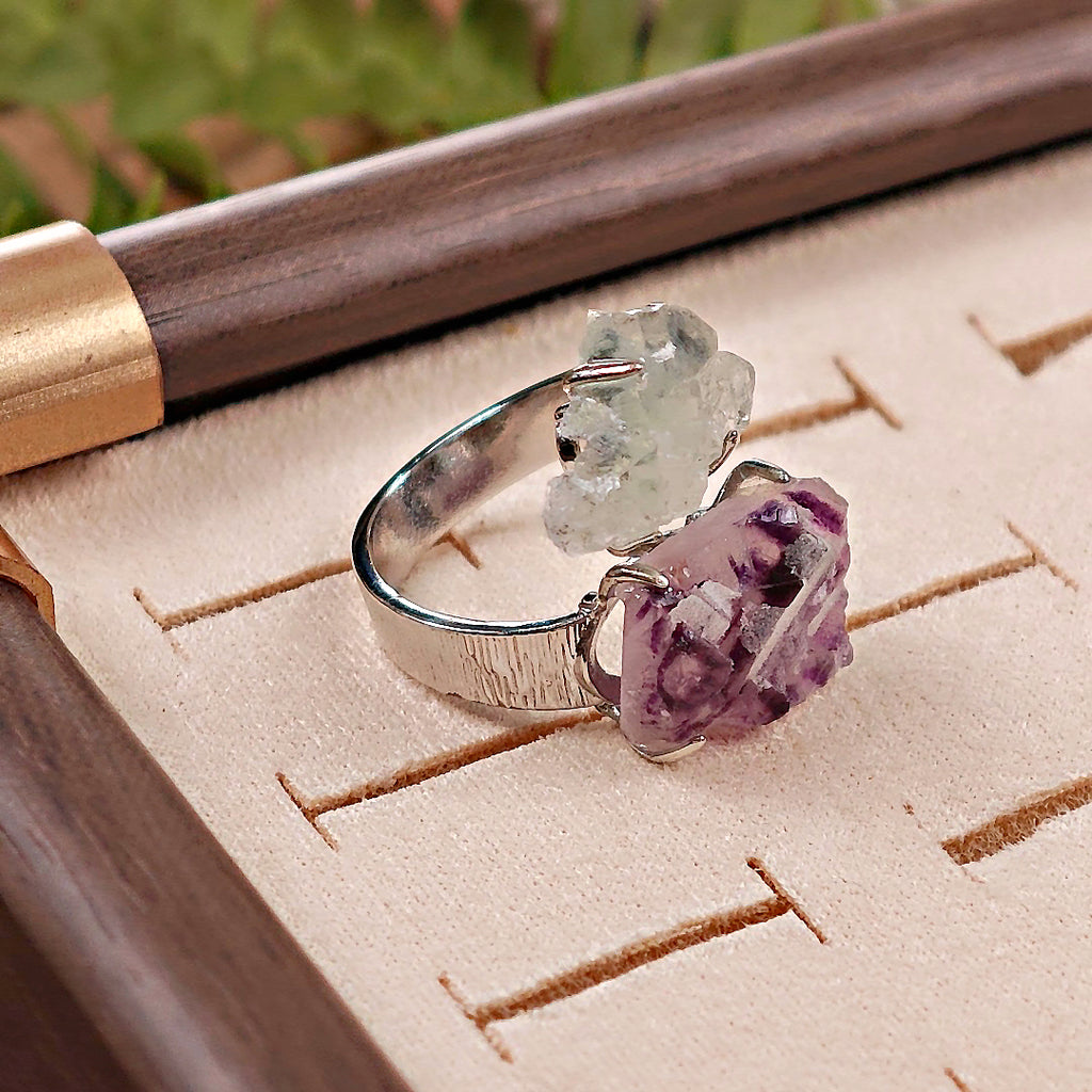 Raw Phantom Fluorite&Green Fluorite Adjustable Ring – Natural Mineral Stone Ring, Handmade One of a Kind Jewelry-051