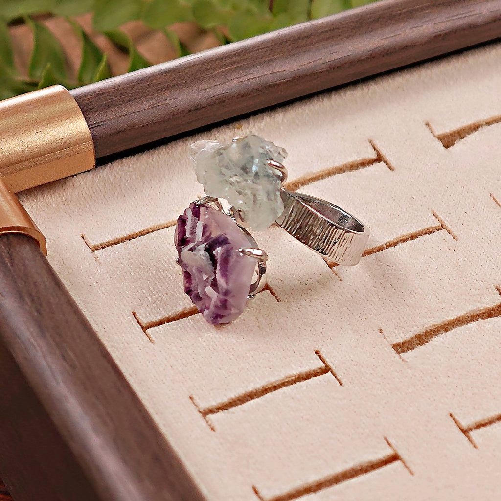 Raw Phantom Fluorite&Green Fluorite Adjustable Ring – Natural Mineral Stone Ring, Handmade One of a Kind Jewelry-051