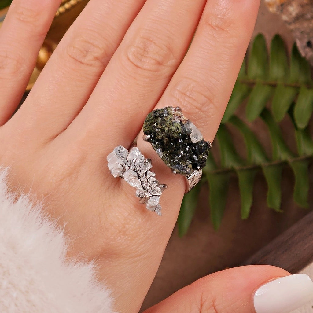 Raw Magnesium&Epidote Adjustable Ring – Natural Mineral Stone Ring, Handmade One of a Kind Jewelry-052