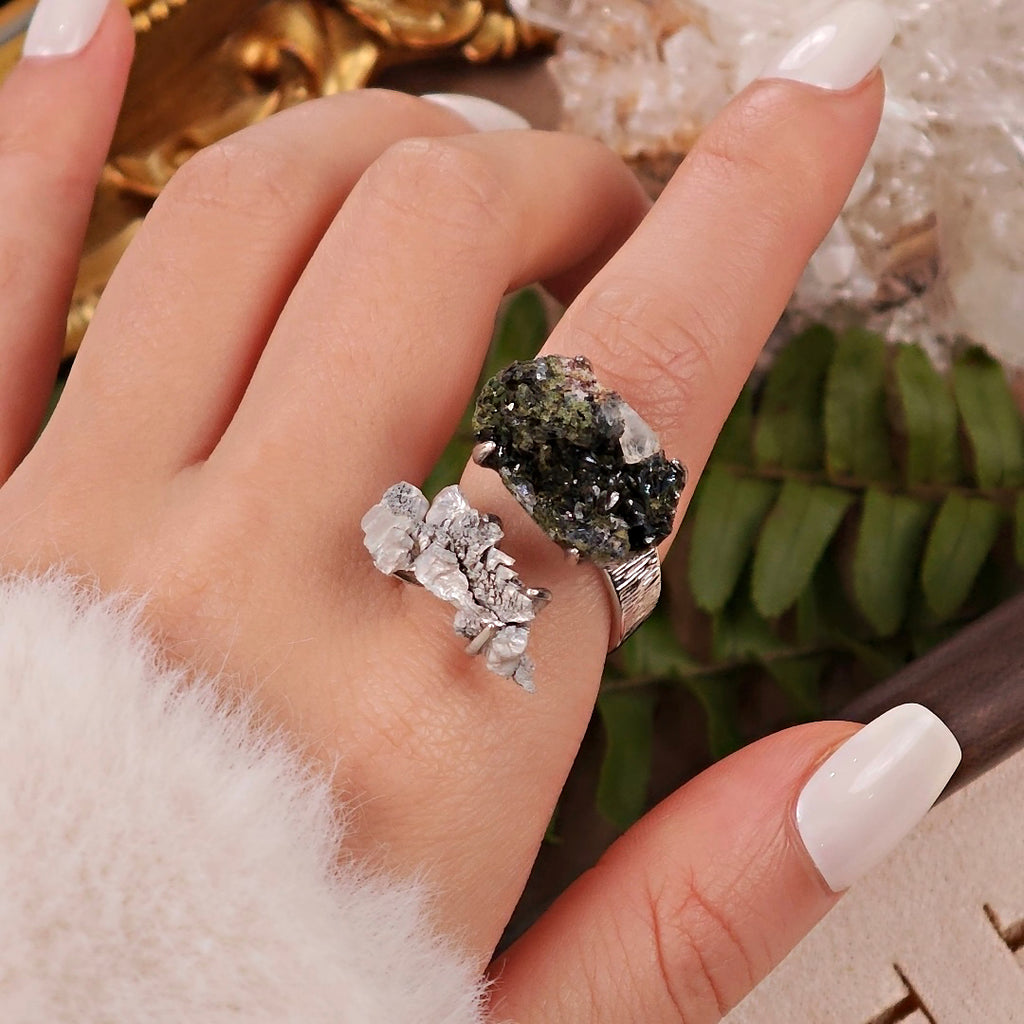 Raw Magnesium&Epidote Adjustable Ring – Natural Mineral Stone Ring, Handmade One of a Kind Jewelry-052