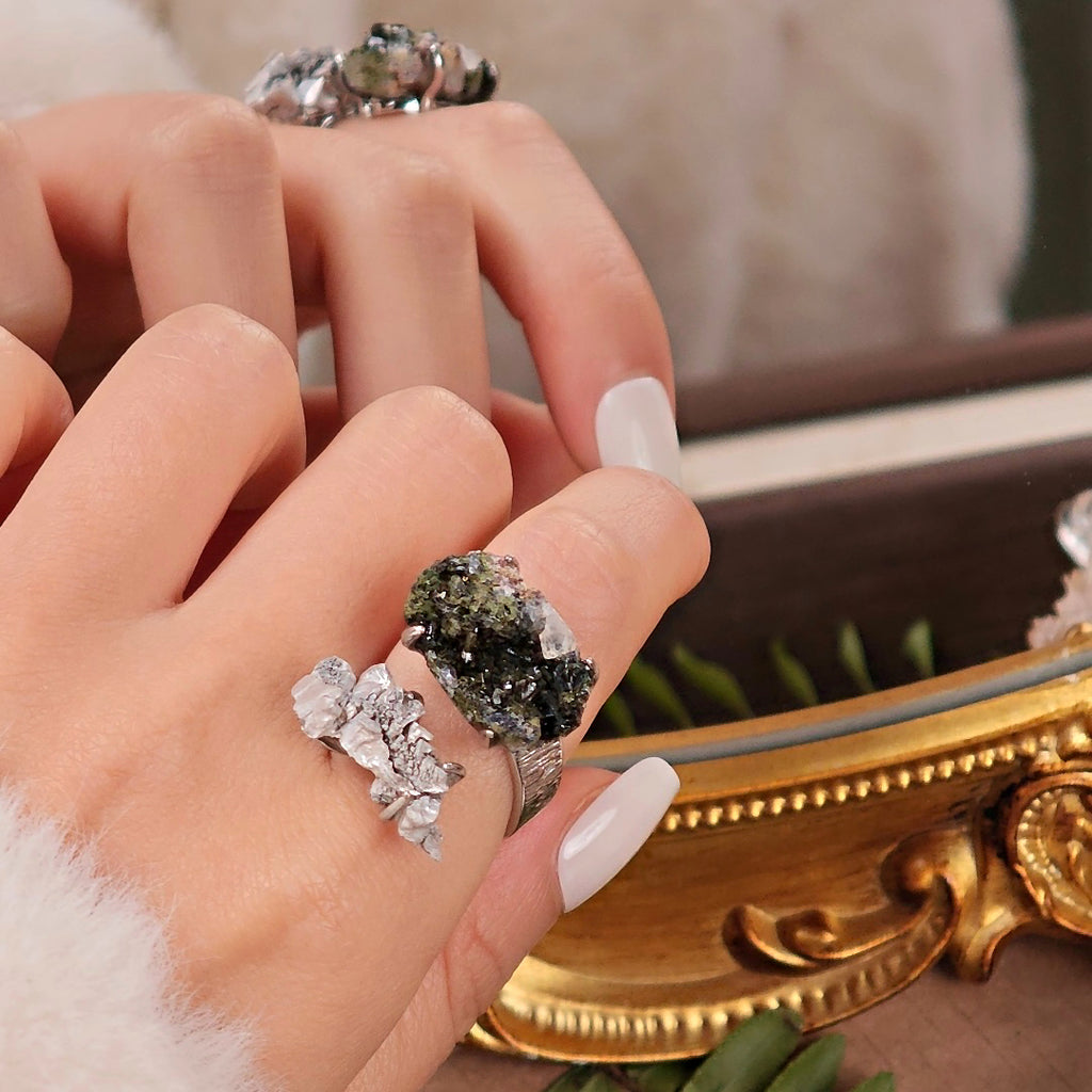 Raw Magnesium&Epidote Adjustable Ring – Natural Mineral Stone Ring, Handmade One of a Kind Jewelry-052