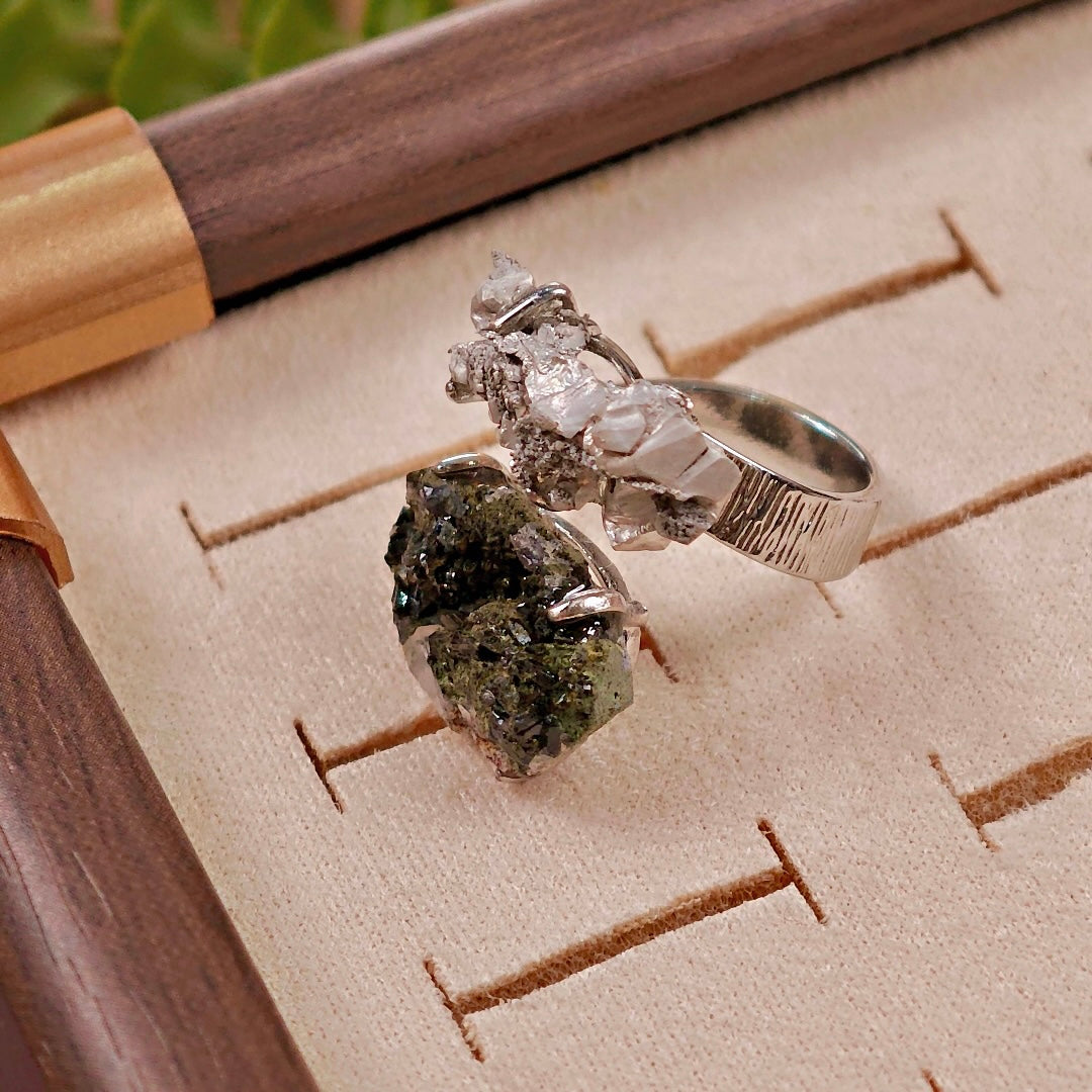 Raw Magnesium&Epidote Adjustable Ring – Natural Mineral Stone Ring, Handmade One of a Kind Jewelry-052