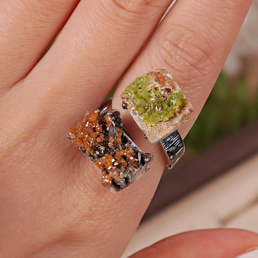 Raw Pyromorphite&Vanadinite Adjustable Ring – Natural Mineral Stone Ring, Handmade One of a Kind Jewelry-054