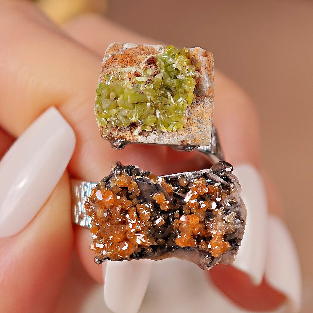 Raw Pyromorphite&Vanadinite Adjustable Ring – Natural Mineral Stone Ring, Handmade One of a Kind Jewelry-054