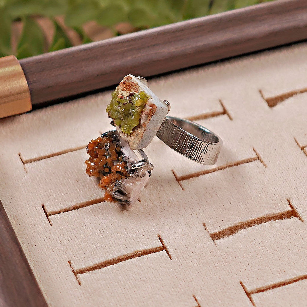 Raw Pyromorphite&Vanadinite Adjustable Ring – Natural Mineral Stone Ring, Handmade One of a Kind Jewelry-054