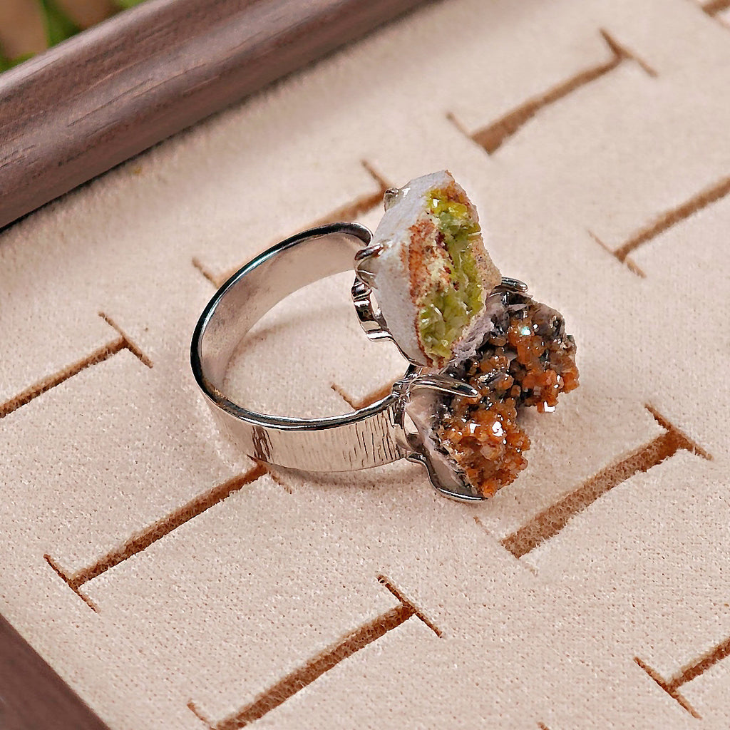 Raw Pyromorphite&Vanadinite Adjustable Ring – Natural Mineral Stone Ring, Handmade One of a Kind Jewelry-054