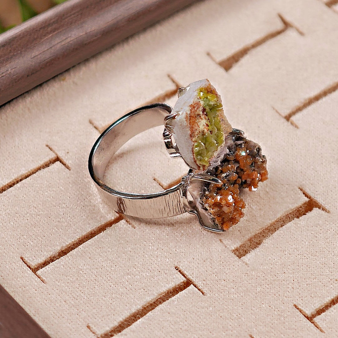 Raw Pyromorphite&Vanadinite Adjustable Ring – Natural Mineral Stone Ring, Handmade One of a Kind Jewelry-054