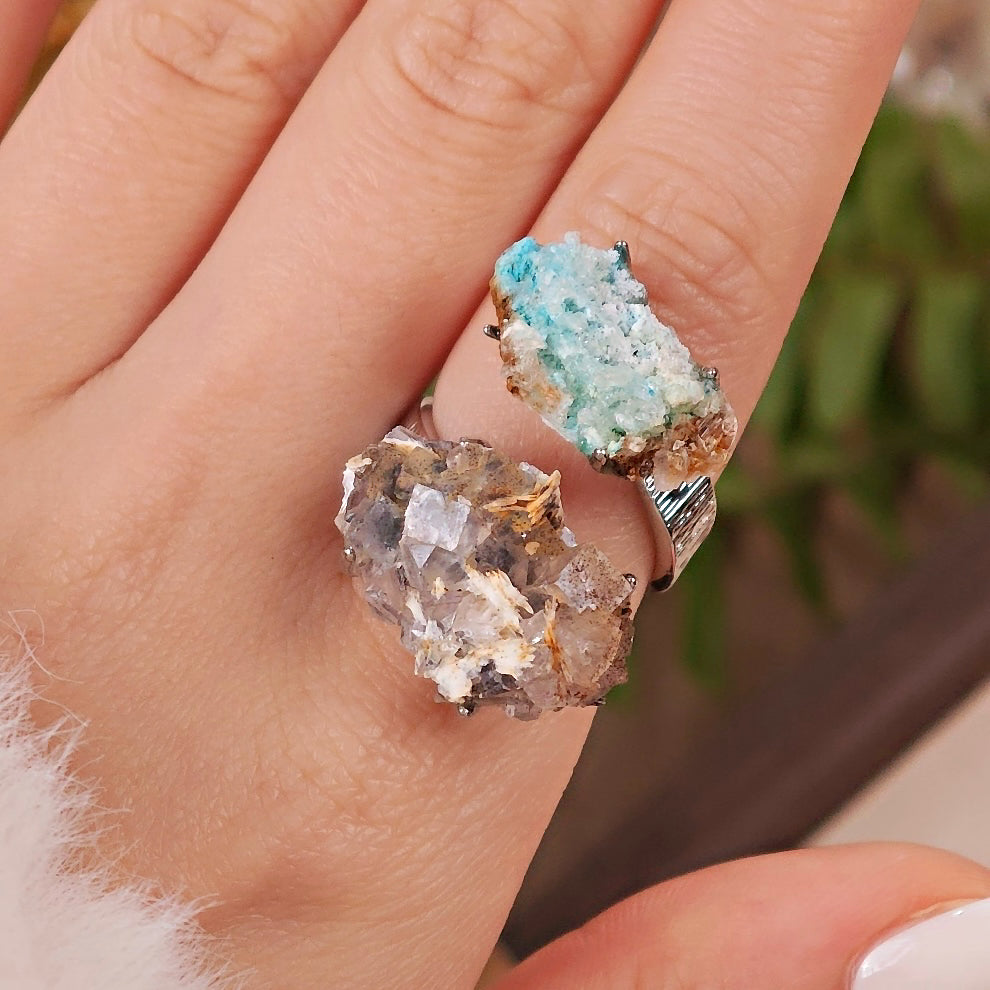 Raw Gibbsite&Barite Adjustable Ring – Natural Mineral Stone Ring, Handmade One of a Kind Jewelry-055