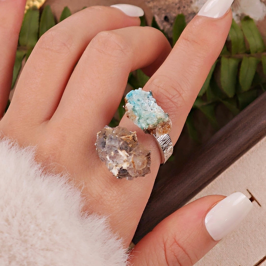 Raw Gibbsite&Barite Adjustable Ring – Natural Mineral Stone Ring, Handmade One of a Kind Jewelry-055