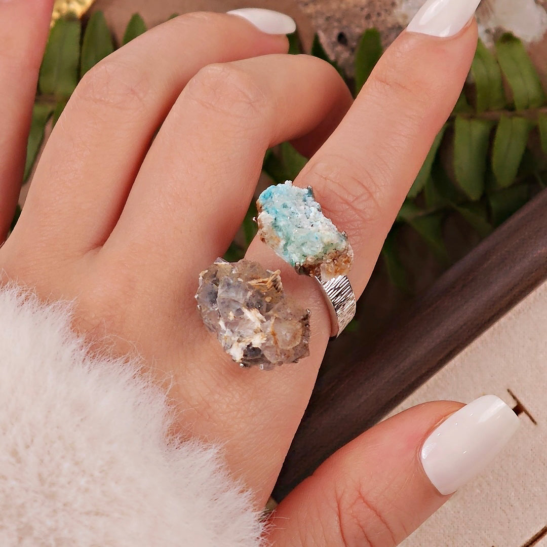 Raw Gibbsite&Barite Adjustable Ring – Natural Mineral Stone Ring, Handmade One of a Kind Jewelry-055