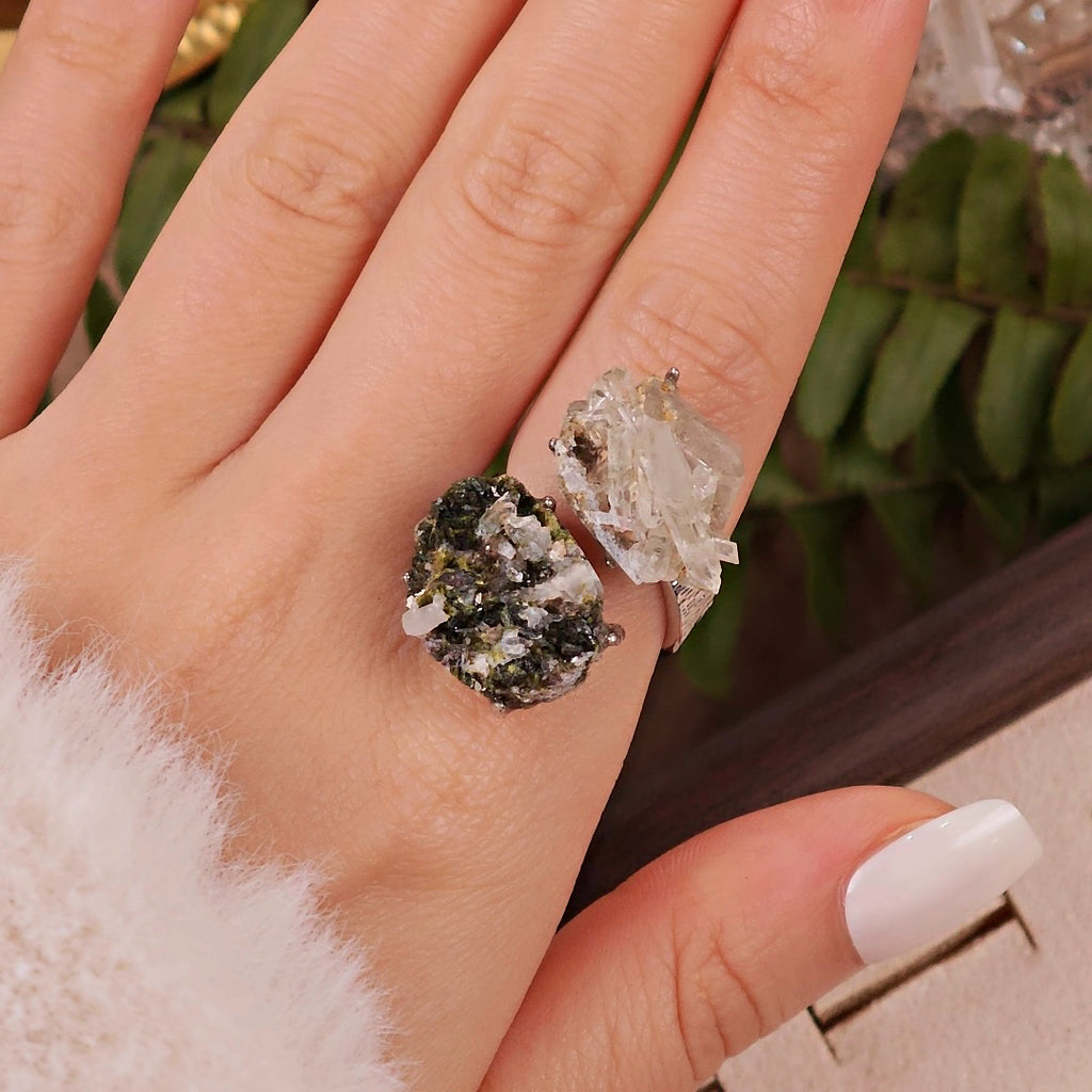 Raw Epidote&Crystal Adjustable Ring – Natural Mineral Stone Ring, Handmade One of a Kind Jewelry-056