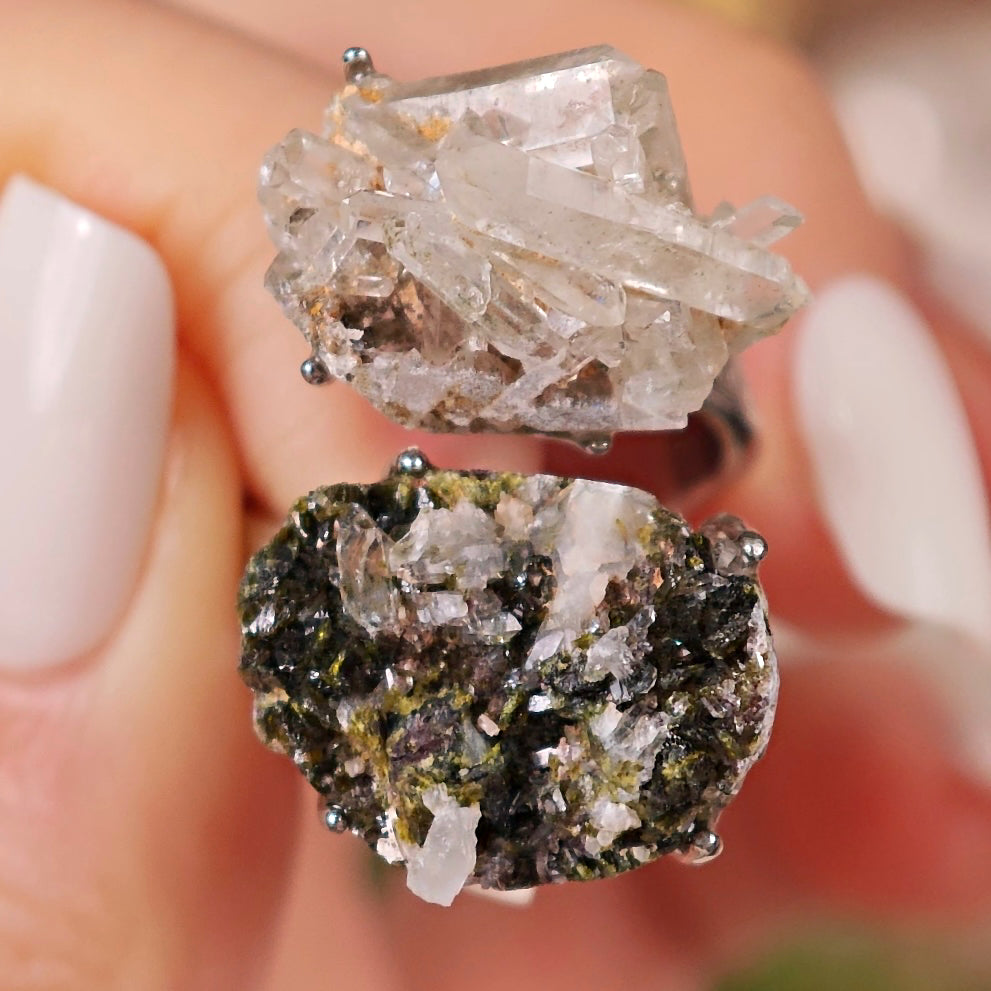Raw Epidote&Crystal Adjustable Ring – Natural Mineral Stone Ring, Handmade One of a Kind Jewelry-056