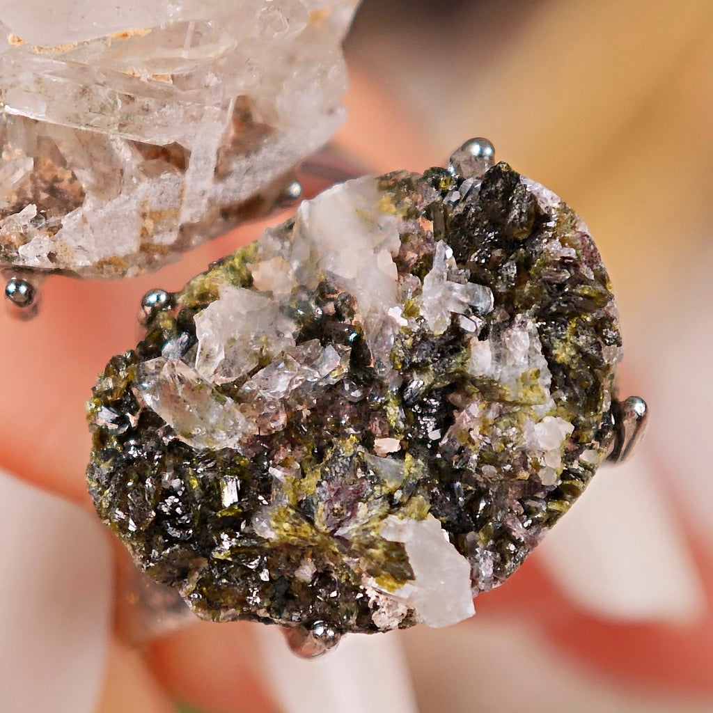 Raw Epidote&Crystal Adjustable Ring – Natural Mineral Stone Ring, Handmade One of a Kind Jewelry-056