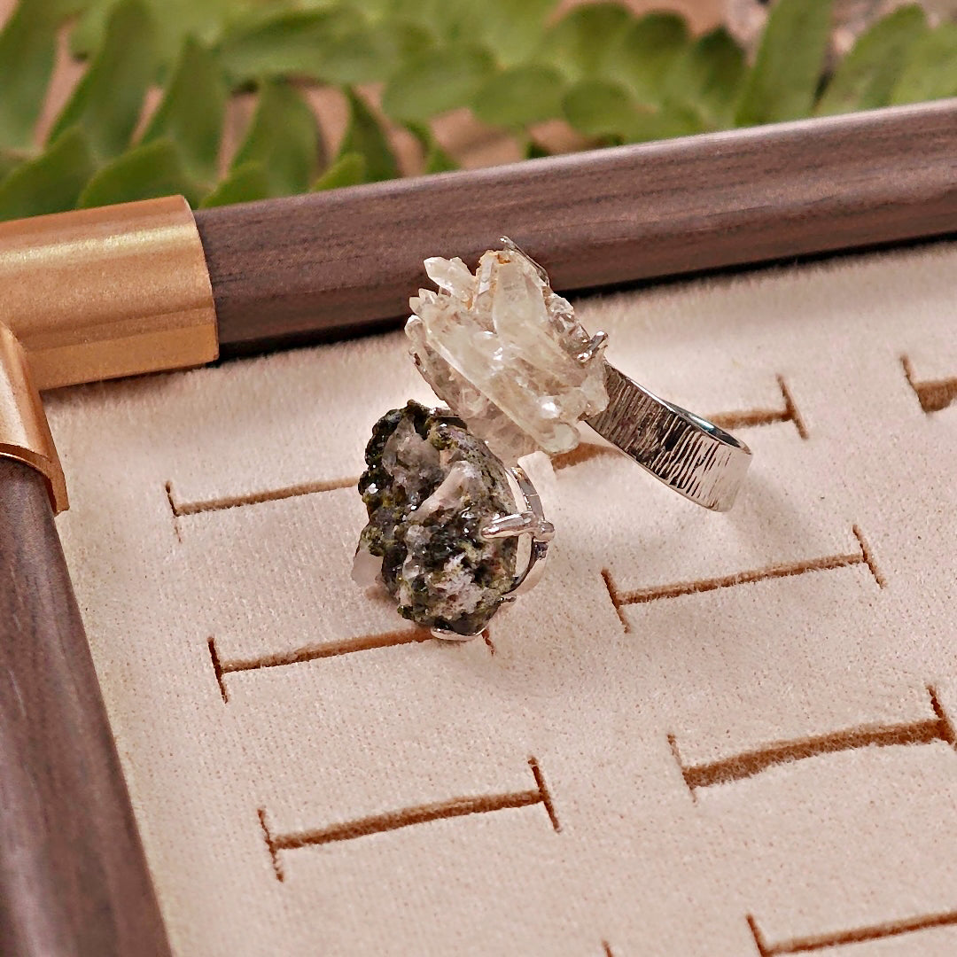 Raw Epidote&Crystal Adjustable Ring – Natural Mineral Stone Ring, Handmade One of a Kind Jewelry-056