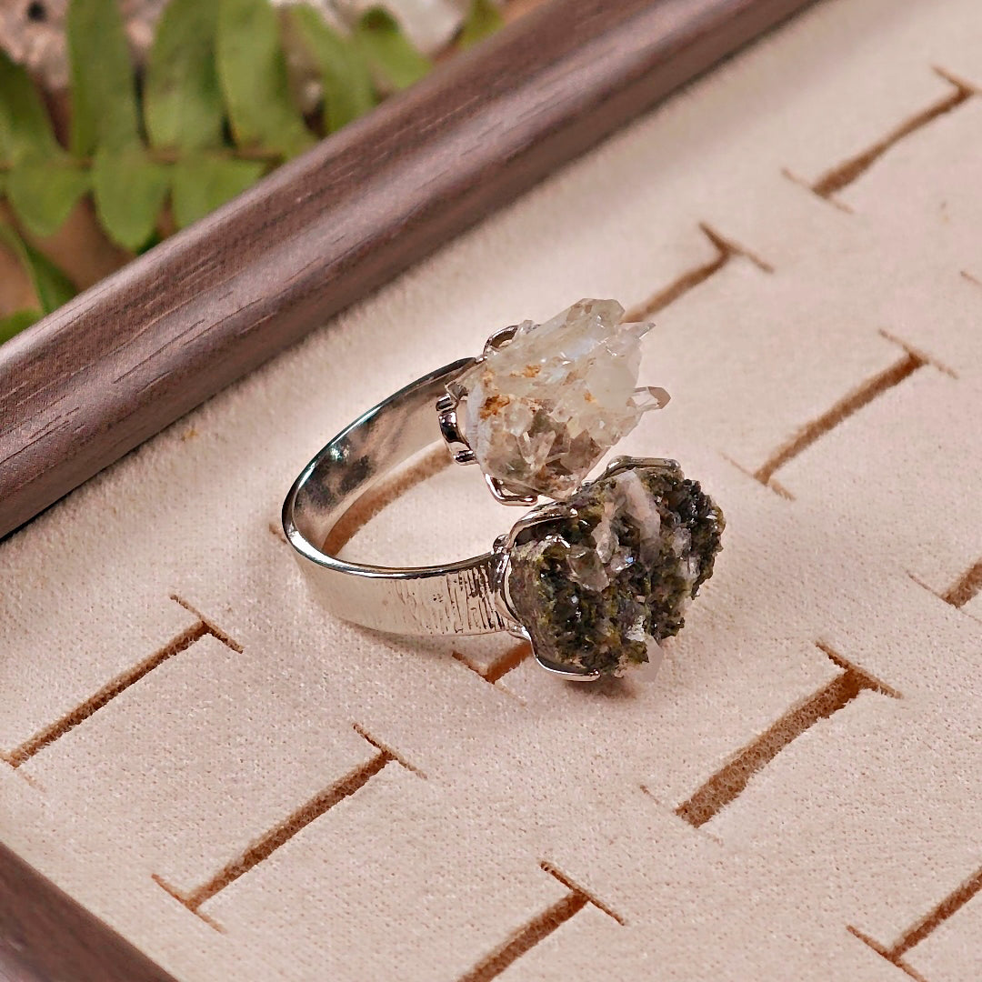 Raw Epidote&Crystal Adjustable Ring – Natural Mineral Stone Ring, Handmade One of a Kind Jewelry-056