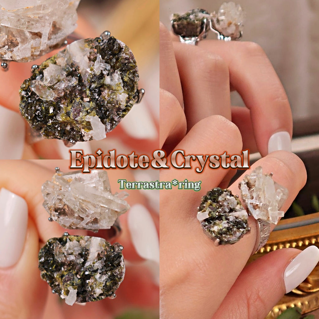 Raw Epidote&Crystal Adjustable Ring – Natural Mineral Stone Ring, Handmade One of a Kind Jewelry-056