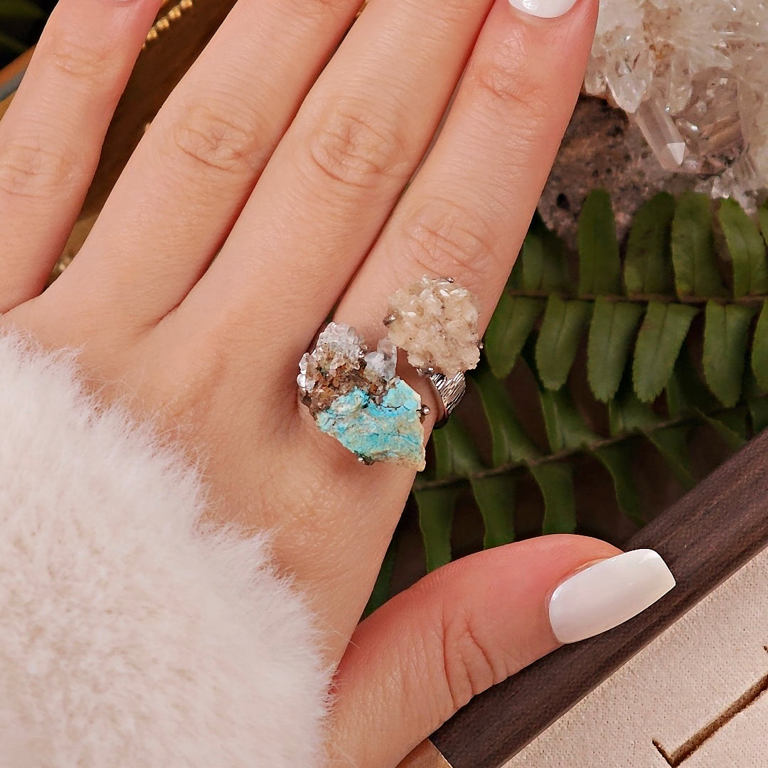 Raw Calcite&Garnet Adjustable Ring – Natural Mineral Stone Ring, Handmade One of a Kind Jewelry-057