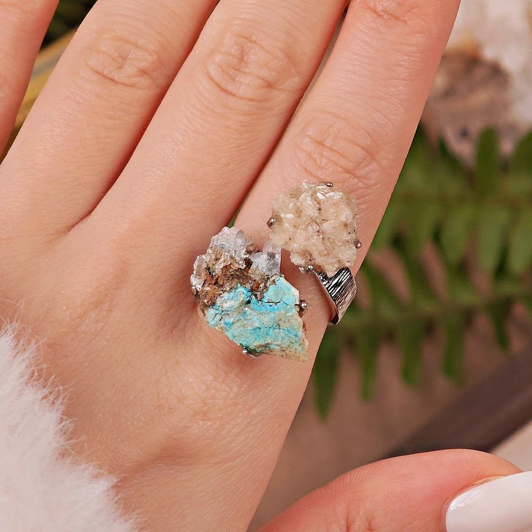 Raw Calcite&Garnet Adjustable Ring – Natural Mineral Stone Ring, Handmade One of a Kind Jewelry-057