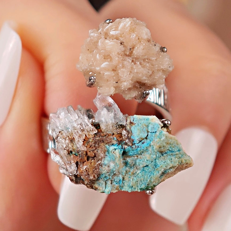 Raw Calcite&Garnet Adjustable Ring – Natural Mineral Stone Ring, Handmade One of a Kind Jewelry-057