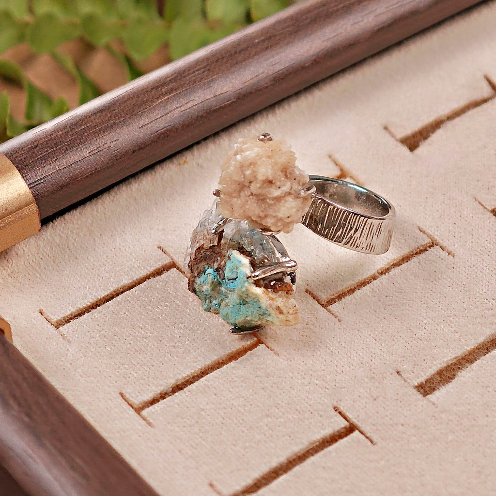 Raw Calcite&Garnet Adjustable Ring – Natural Mineral Stone Ring, Handmade One of a Kind Jewelry-057